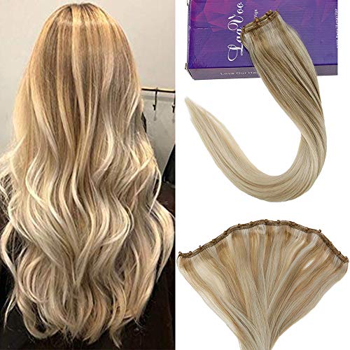 LaaVoo 16 inch Micro Ring Beaded Weft Brazilian Remy Human Hair Extensions Hidden Double Weft Ombre Color Dark Ash Blonde Fading Medium Blonde to Platinum Blonde 12" Width 50g Weight (#18/22/60)
