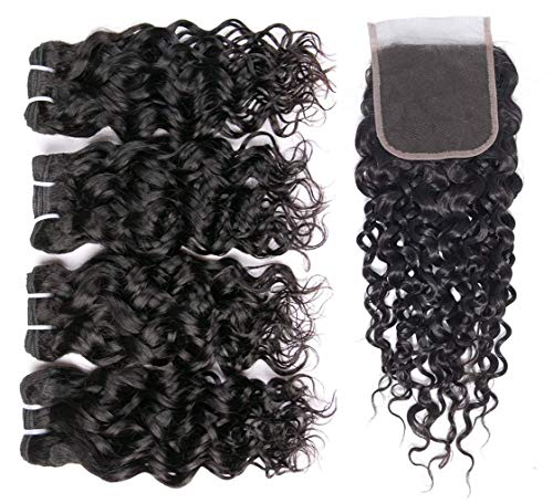 Brazilian Water Wave Bundles with Closure 100% Virgin Wet and Wavy Human hair Weave Bundles with Closure Free Part 9A Ocean Wave Human Hair Natural Color (10 10 12 12+10)