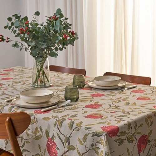 Pomegranate Tablecloth – Linen-Blend Rectangular 55” x 87” – Waterproof Table Cloth for Kitchen & Dining Room – Farmhouse Chic, French Country, & Holiday Decor – Botanical Fruit-Inspired Design