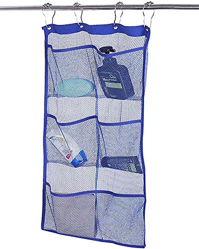 ALYER 6 Storage Pockets Hanging Mesh Shower Caddy,Space Saving Bathroom Accessories and Quick Dry Bath Organizer,Blue