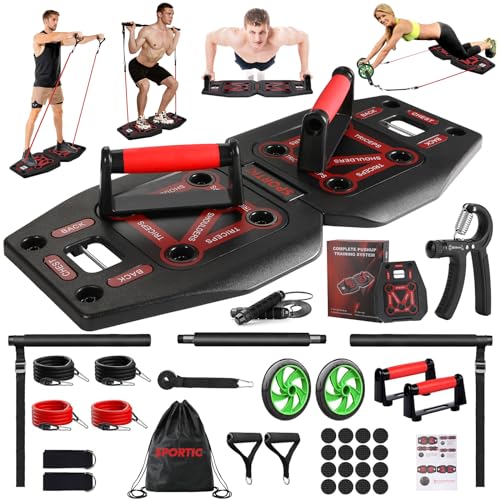 Push Up Board for Home Gym with Exercise Accessories Resistance Bands & Ab Roller Wheel & Pilates Bars - Portable Gym with Foldable Pushup Board - Exercise Equipment for Upper Body Workout, Gift for Women & Men