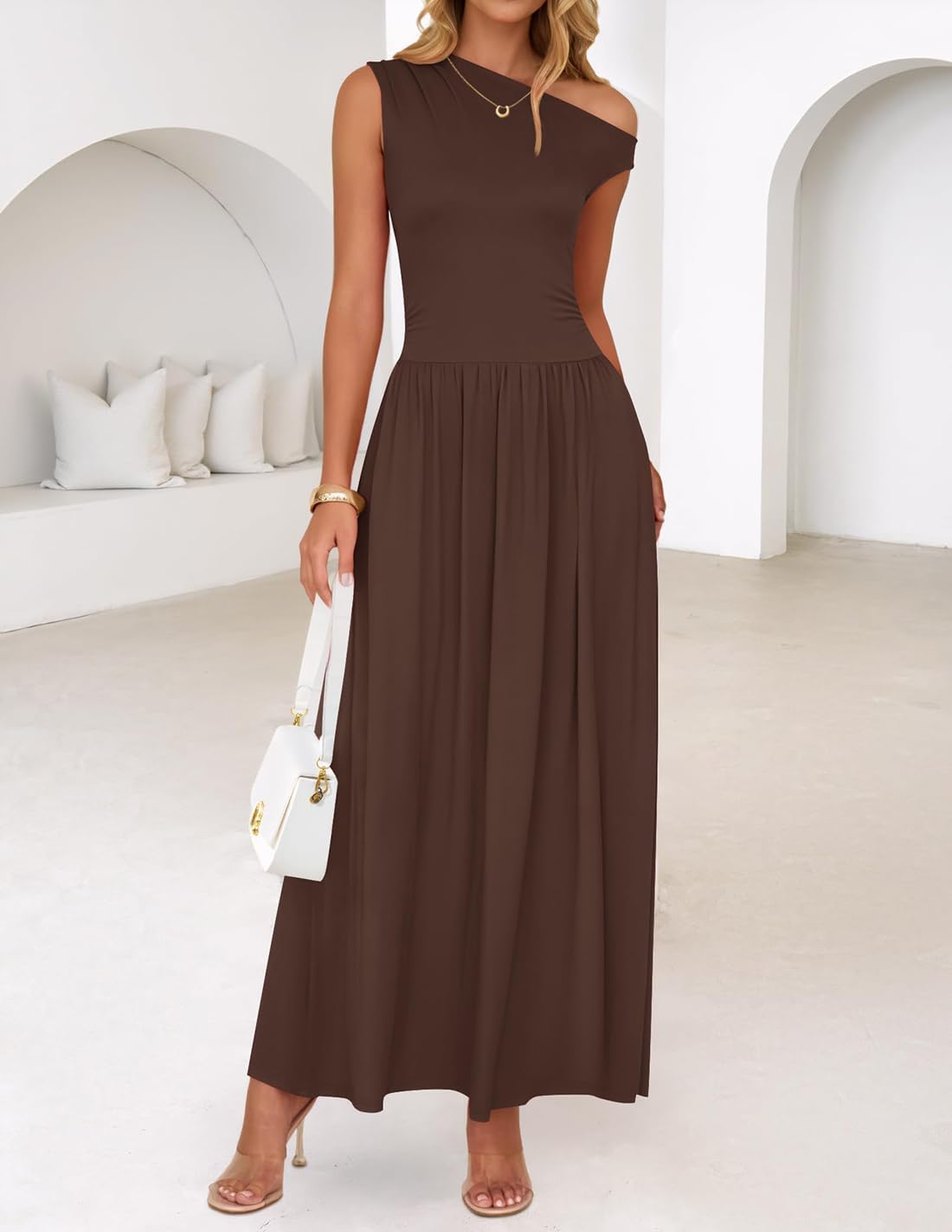 ZESICA Women's Summer 2026 Sleeveless Maxi Dress One Shoulder Casual Slim Swing Pleated Formal Dresses with Pockets - Image 8