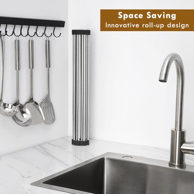 Image of HOMEZE Foldable Over The Sink Dish Drying Rack (45.5x46 cm) - Stainless Steel Roll-Up Kitchen Sink Drainer | Multipurpose Rack for Bartan, Dishes, Cups, Utensils, Fruits & Vegetables | Heat Resistant