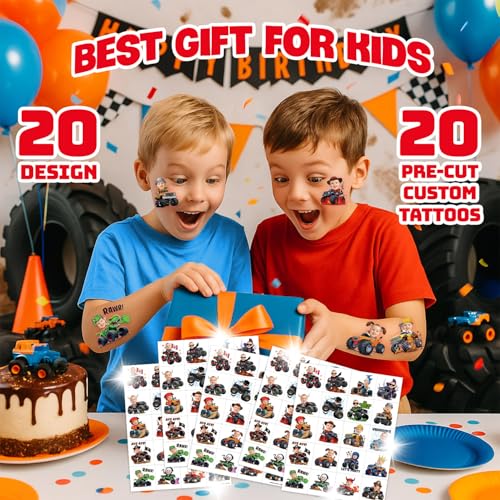 Image of Custom Monster Truck Temporary Tattoos for Kids, Set of 20 | Personalized Pre-Cut Face Photo, Birthday Party Favors, For Boys & Monster Truck Fans, Unique Celebration Gifts
