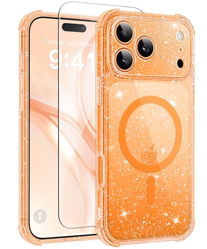 Coque iPhone 17 Pro transparente pailletée compatible MagSafe avec protections d'écran et objectifs