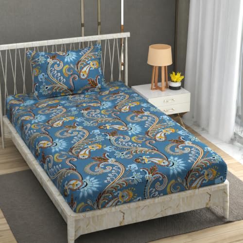 Image of Vram Premium Heavy Cotton Elastic Fitted Bedsheets with 1 King Size Pillow Covers || Single Bed with All Around Elastic 350 TC || 36 x 78 x 6 Inch Single Size Fitted || :- Blue Jaipuri