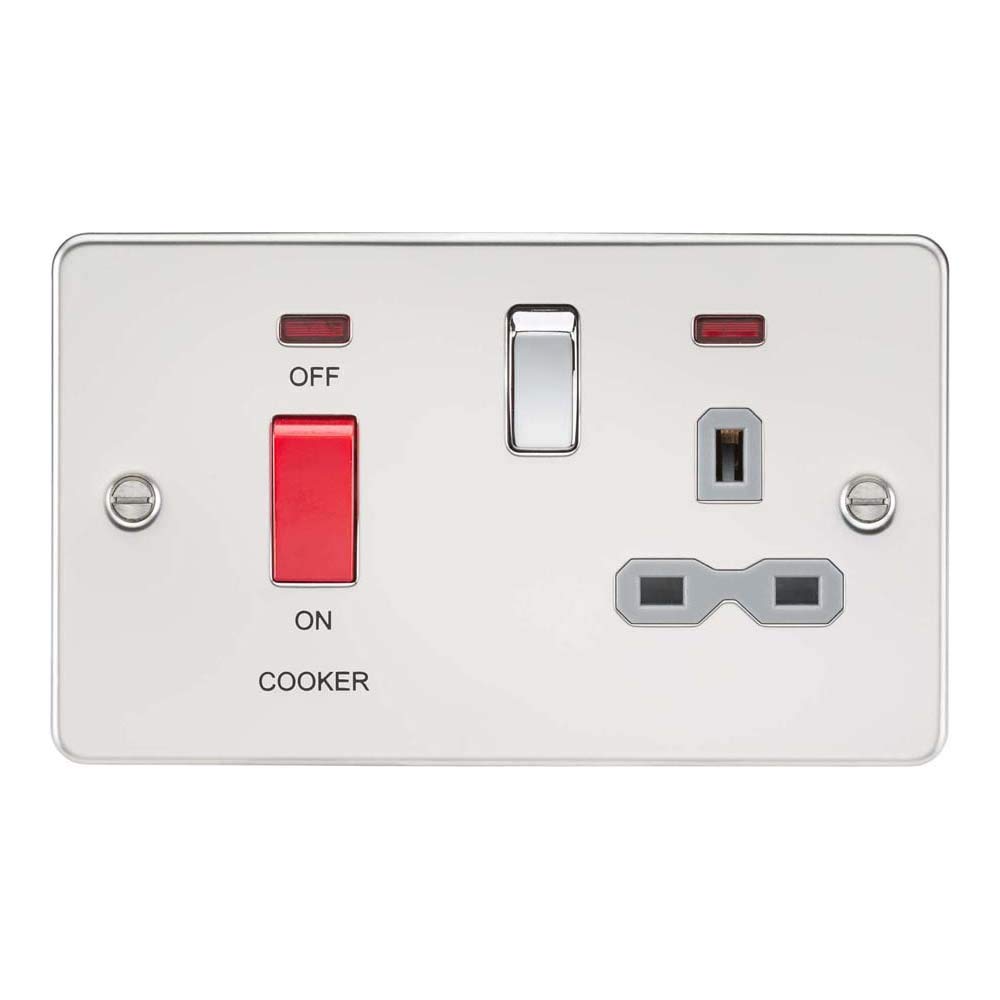 Knightsbridge FPR8333NPCG Flat Plate DP Switch and Switched Socket with Neon, Polished Chrome with Grey Insert, 45 A/13 A