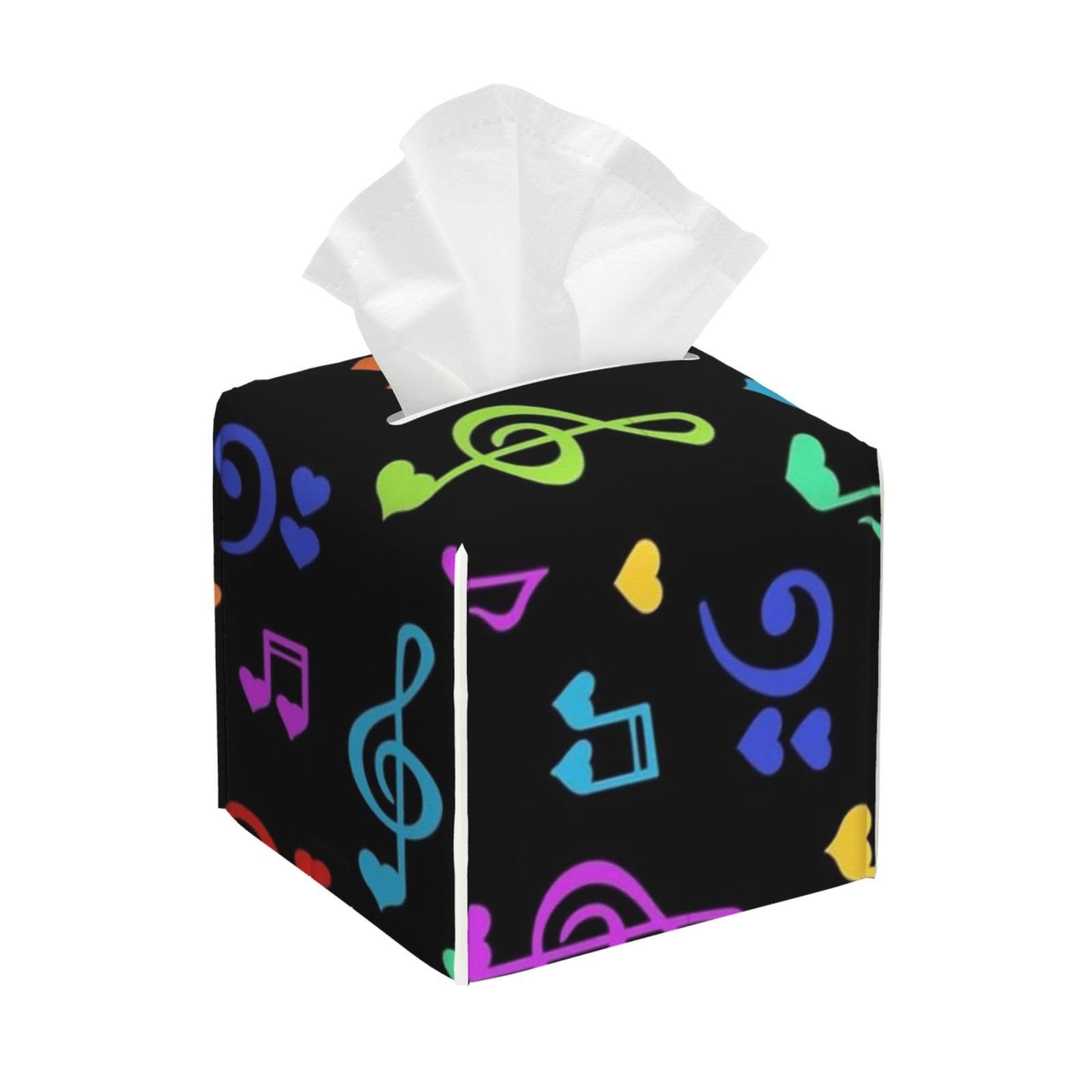 Music Pattern Tissue Box Cover 5" Square Leather Tissue Holder Facial Tissue Case for Tabletop Bedroom Bathroom Desk Decor