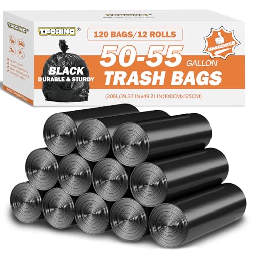 Image of 50-55 Gallon Trash Bags Unscented, 40'' x 50'', Black, 120 Count | Large 50+ Gal Garbage Liners,Fit 187 - 206 Liter Bins,Multipurpose for Construction Industrial Yard Outdoor Commercial Bulk