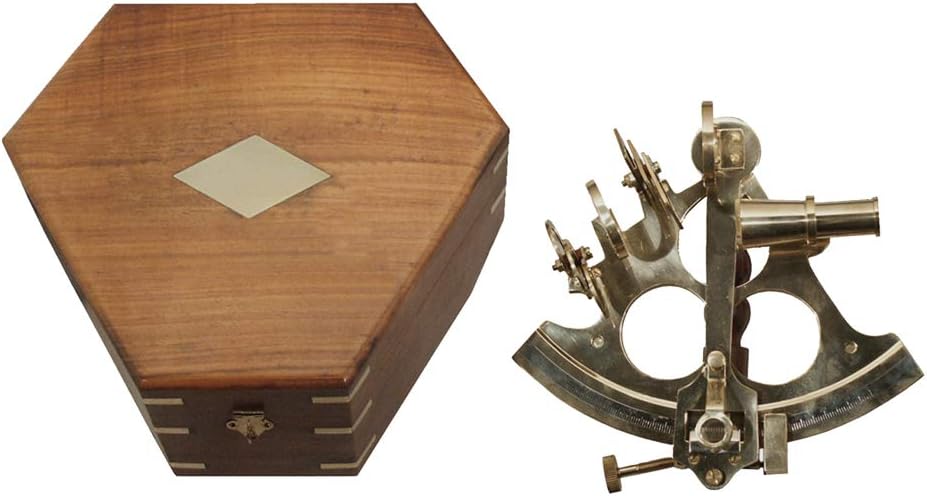 Large 8-1/2" Solid Polished Brass Nautical Sextant Antique Reproduction in Beautifully Finished Rosewood Hinged Wooden Box with Polished Brass Inlaid Accent