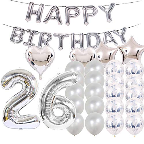 Sweet 26th Birthday Decorations Party Supplies,Silver Number 26 Balloons,26th Foil Mylar Balloons Latex