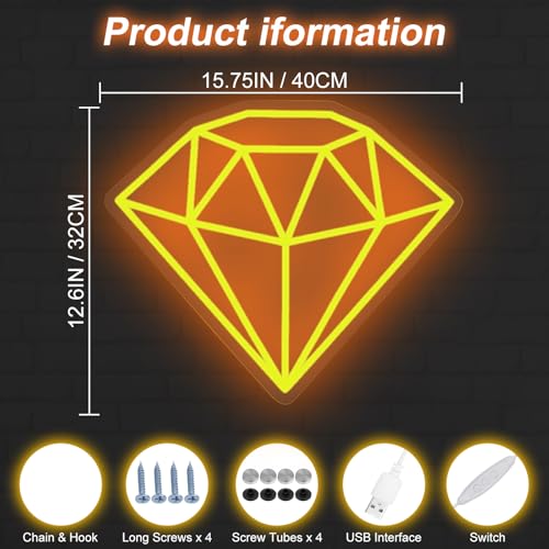 Image of Gold Diamond Neon Sign for Bedroom Wedding Bar Luxury Glamorous Wall Decor | Golden glow symbolizes love, success, and celebration, ideal for bedrooms, weddings, bars, parties, and glam spaces