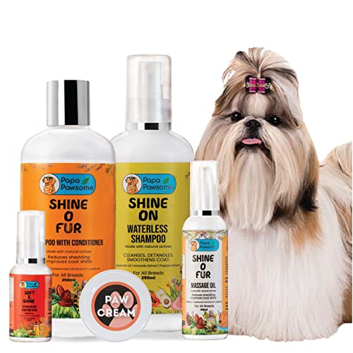 Papa Pawsome Complete Grooming Kit for Dogs – Shih Tzu | for Long/Drop Coat Breeds | 5-in-1 Combo Pack | Made with Natural Ingredients | for Healthy, Shiny & Smooth Dog Hair | for Dog Paw Care