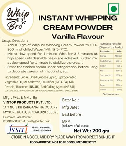 Image of WhipBro Whipping Cream Powder (200g) | Vanilla Flavour | Instant Dessert & Bakery Cream | Easy to Whip | Rich & Smooth Texture