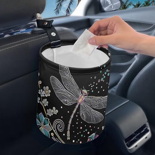 Image of Pensura Dragonfly Flower Mini Car Trash Can Adjustable Buttons Collapsible Trash Container Portable Hanging Car Garbage Bag Women's Car Accessories for Car Back Seat