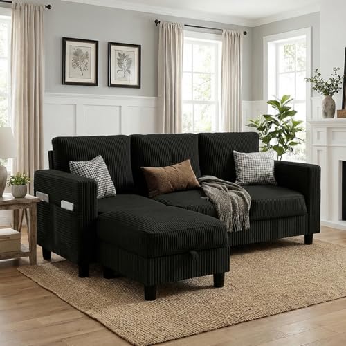 Convertible Sectional Sofa with Storage Ottoman, 77” L-Shaped 3-Seat Couch with Skin-Friendly Corduroy Fabric, Reversible Small Sectional for Small Space, Apartment, Living Room and Office(Black)