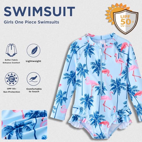 Image of UMELOK Girls Long Sleeve Rash Guard One Piece Swimsuits UPF 50+ Ruffle Zipper Bathing Suit 4-10 Years