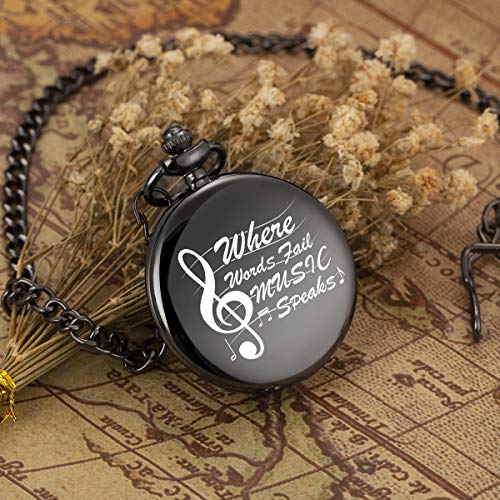 Pocket Watch, Where words fail, MUSIC Speaks Loud Pocket Watch and Chain for Men Women, Music Motif Quartz Laser Engraved Pocket Watch Vintage Steampunk Necklace Numerals steampunk buy now online