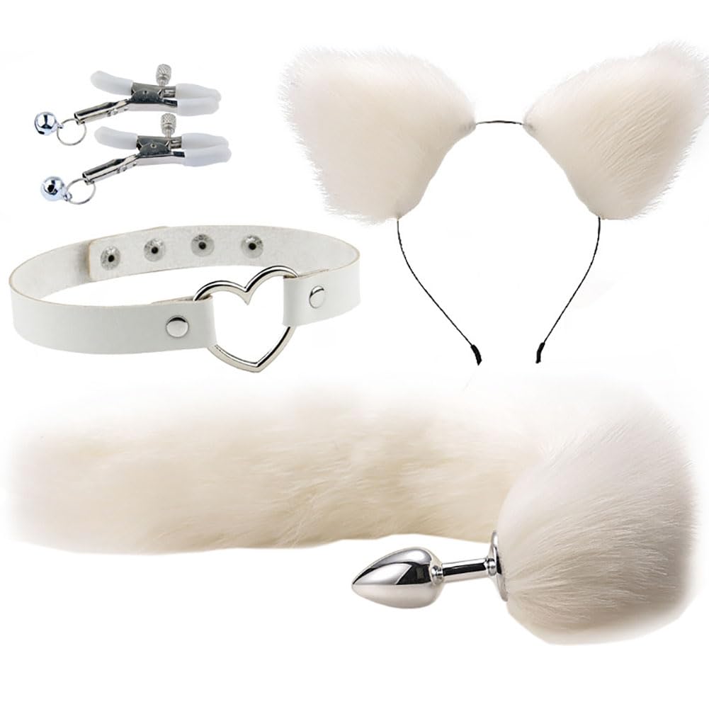 Fox Animal Costume Set Cat Ear Headband Bunny Fox Tail Furry Anal Plug Leather Choker Heart Necklace Bell Nipple Breast Clamp Clip Valentines Day Cosplay