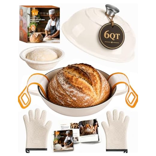 AHJ 6QT Dutch Oven For Bread Baking, Enameled Cast Iron Dutch Oven Pot with Lid, Multi-Functional Bread pan, Sourdough Baking Supplies with Proofing Basket, Cast Iron Bread Oven, Silicone Sling & Gloves.