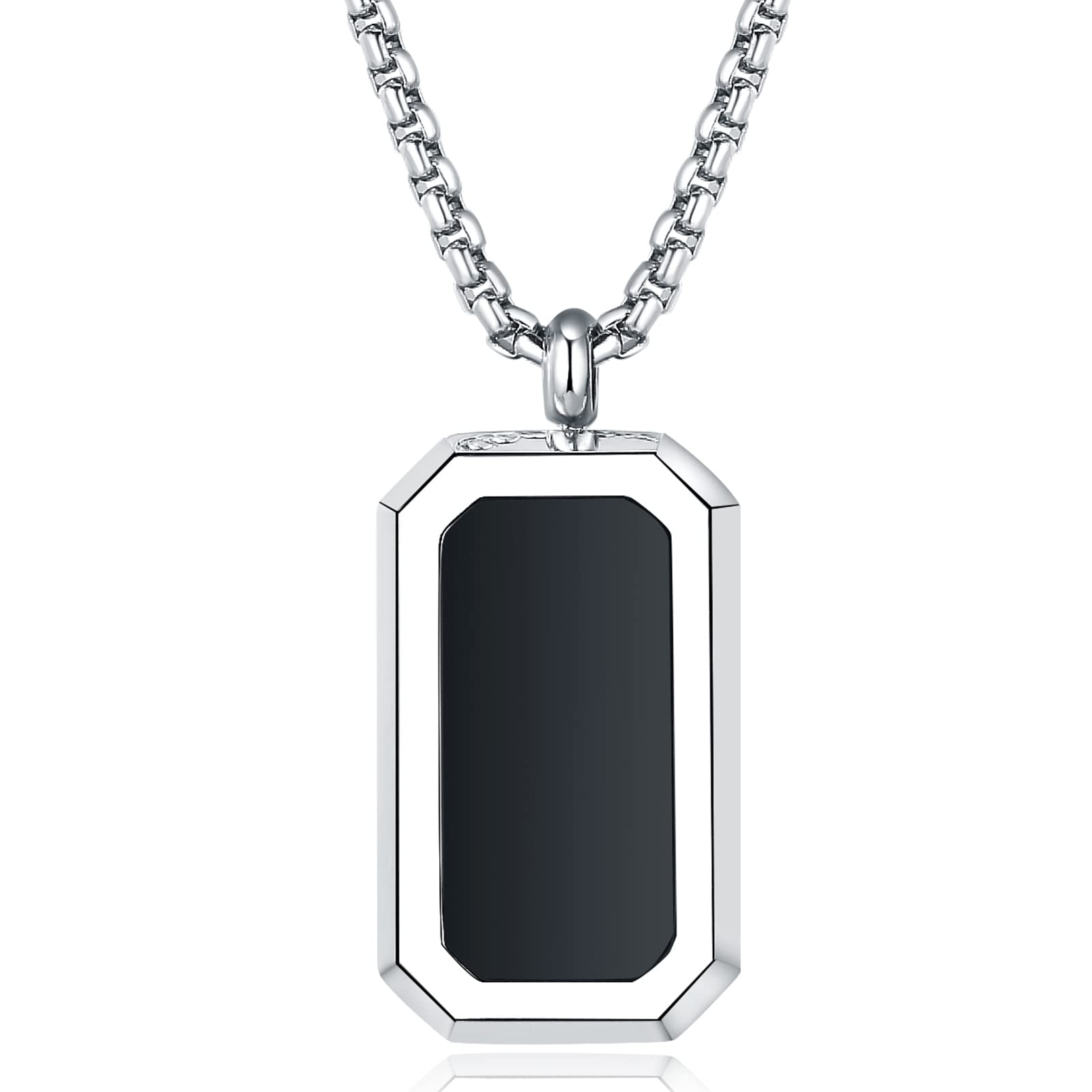 Agate Pendant for Men - Stainless Steel Dog Tag Necklace Black Agate Pendant， 2mm Width Box Chain & 3mm Cuban Link, 25.6 inch Length, Natural Agate Fashion Jewelry for Men Gifts for Him