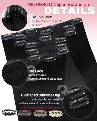 Image of Moresoo Clip in Hair Extensions, 26 Inch Jet Black Thick Volume | Real human hair extensions clip ins, 160g 7pcs, double weft straight hair for added length and party looks