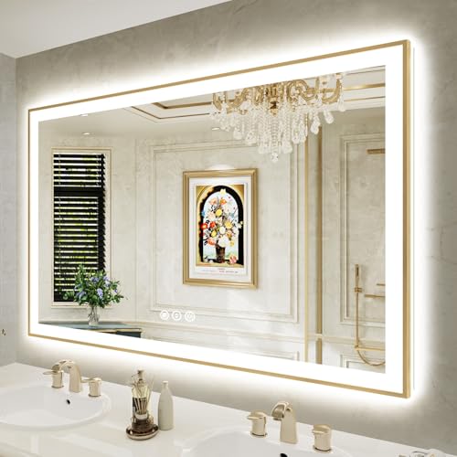 Image of 60x38 LED Bathroom Mirror with Lights, Gold Framed Lighted Mirror | Backlit and Front light, Anti-Fog, 3 Color Dimmable, Memory, Tempered Glass, IP54 Waterproof, UL Listed