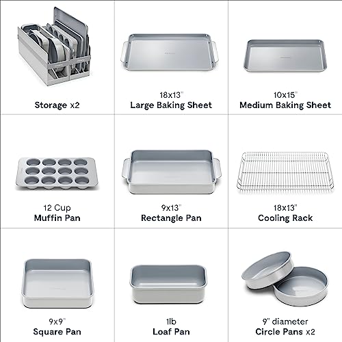 Caraway Nonstick Ceramic Bakeware Set (11 Pieces) - Baking Sheets, Assorted Baking Pans, Cooling Rack, & Storage - Aluminized Steel Body - Non Toxic, Ptfe & Pfoa Free - Gray #TOP3