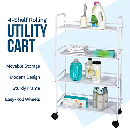 Richards Homewares RollingCart White Shelves with Wheels with Heavy Duty Metal Frame Supports 30 lbs per Tier - Utility Storage Carts Organizer with 4Shelves, 4