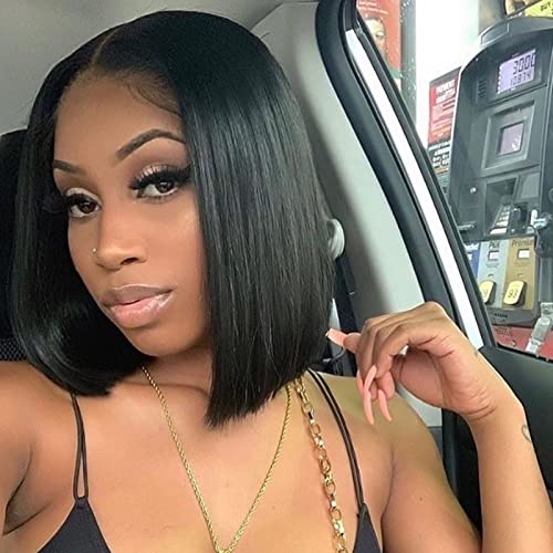 Brazilian Straight Bob Wig Human Hair 13x4x1 Bob Lace Frontal Wigs Middle Part Human Hair Short Bob Wigs for Black Women Natural Color (12Inch)