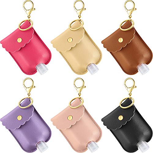 6 Pieces Empty Travel Bottle Keychain Holder Artificial Leather Keychain Holder with 6 Pieces Clear Refillable Empty Bottles 30 ml Reusable Plastic Flip Cap Bottles for Liquids