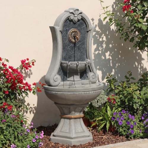 Image of Bumilgar 49.8 inch Outdoor European Resin Wall Fountain with LED Lights, Sunflower Spout & Gold Trim Fountain Freestanding, Cascading Light Gray Scroll Arch Waterfall Feature for Patio