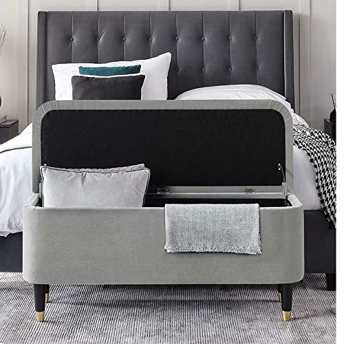 Image of Clarence Dark Teal Velvet Ottoman Storage Bench pouffe Puffy Couch Settee 2 Seater Sofa for livingroom Bedroom Office (Grey)