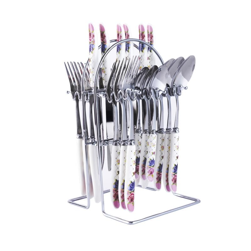 MGeezz Stainless Steel Spoons, Forks & Knives Set of 24 with Stand and Ceramic Handle (Floral Pink)