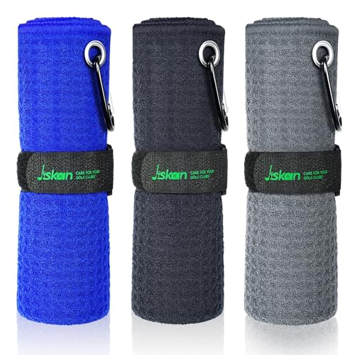 Jiskan Pro Golf Towel for Golf Bags Microfiber (16' X 16') with Hook, Loop Fastener and Gift Box, Essentials Accessories&Gifts for Men/Women Golfers (Black+Grey+Blue)