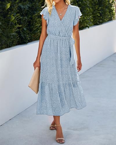 Image of BTFBM Women Summer Bohemian Floral Casual Wrap V Neck Ruffle Cap Sleeveless Belt A-Line Pleated Hem Midi Sun Dress White