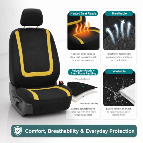 Image of FH Group Car Seat Covers Front Set in Cloth for Low Back Car Seats with Removable Headrest, Universal Fit, Automotive Washable for SUV, Sedan, Van Yellow