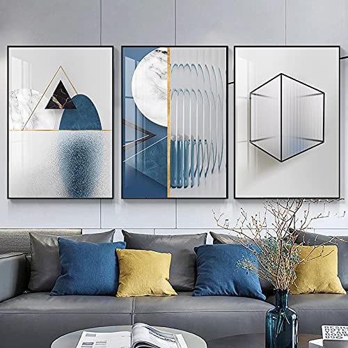 Affiches et impressions bleu marbre géométrique abstrait moderne tableau salon 3 pièces