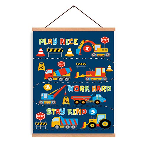 CHDITB Transport Vehicle Art Print,Construction Magnetic Natural Wood Hanger Frame Poster,Canvas Inspirational Quote-Play Nice,Work Hard,Stay Kind Painting 28X45cm Wall Hanging for Nursery Decor