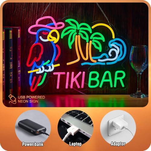 Image of Tiki Bar Parrot Neon Sign Hawaii Bar Palm Tree Beach Wave LED Light
