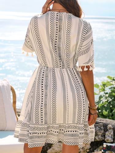 Image of CUPSHE Women Tassel Trim Summer Dress V Neck Lace Short Sleeve Paisley Boho Casual Sundress Holiday Beach Mini Dress