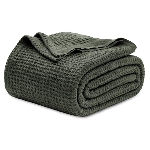 Image of Bedsure 100% Cotton Blanket Full Size for Bed - Cooling Breathable and Soft for Summer, Thick Cozy Waffle Weave Blanket Gifts for Women, Olive Green, 80x90 Inches
