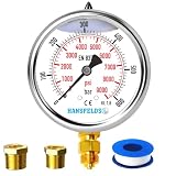 Hansfelds Manometer 0–600 bar/psi, 63 mm Zifferblatt, Messing G1/4' BSP Unteranschluss, flüssigkeitsgefüllt (Glyzerin-gefüllt), Genauigkeitsklasse 1.6, inkl. 2 Reduzierstücke auf 3/8' und 1/2'