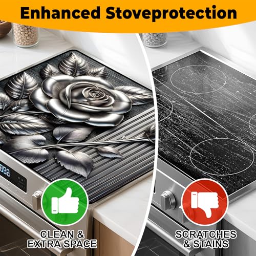 Image of Silver Rose Stove Top Cover Retro Flower Gas Stove Top Cover for Home Decoration Kitchen Pad Non-Stick Washable Cooktop Covers Countertop Protector Keep Stove Clean 28 inchx20 inch