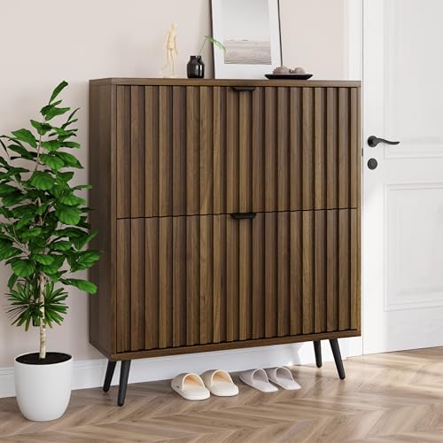 Smuxee Meuble à chaussures avec 2 tiroirs rabattables, 80 cm en noyer caché avec design cannelé, organiseur de chaussures autonome pour entrée, couloir,...