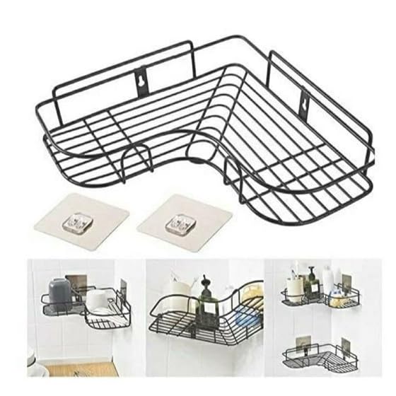 Platina Iron Corner Shower Caddy Black Metal Bathroom Storage Shelf Wall Mounted Organizer with Adhesive Hooks 2-Tier