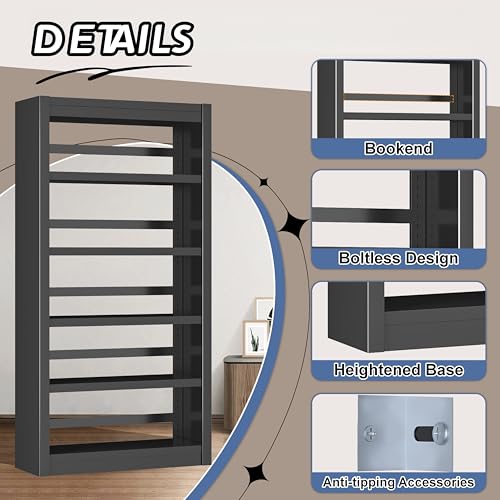 Image of 5-Tier Metal Bookshelf, 69 inch Tall Black Bookcase with Adjustable Shelves, Heavy Duty Deep Book Shelves, Display Storage Shelving for Living Room, Home Office, Library, Bedroom