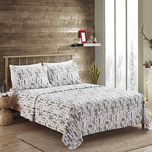 Flannel Sheets Warm and Cozy Deep Pocket Breathable All Season Bedding Set with Fitted, Flat and Pillowcases, Queen, Winter Cabin Lodge