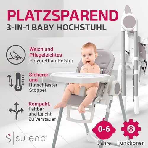 Suleno® Hochstuhl Baby mit Spielbogen, Ablage und Liegefunktion - für Junge Eltern, Vielseitiger Kinderhochstuhl, Ergonomischer Baby Hochstuhl für Komfort und Sicherheit (Hellgrau)