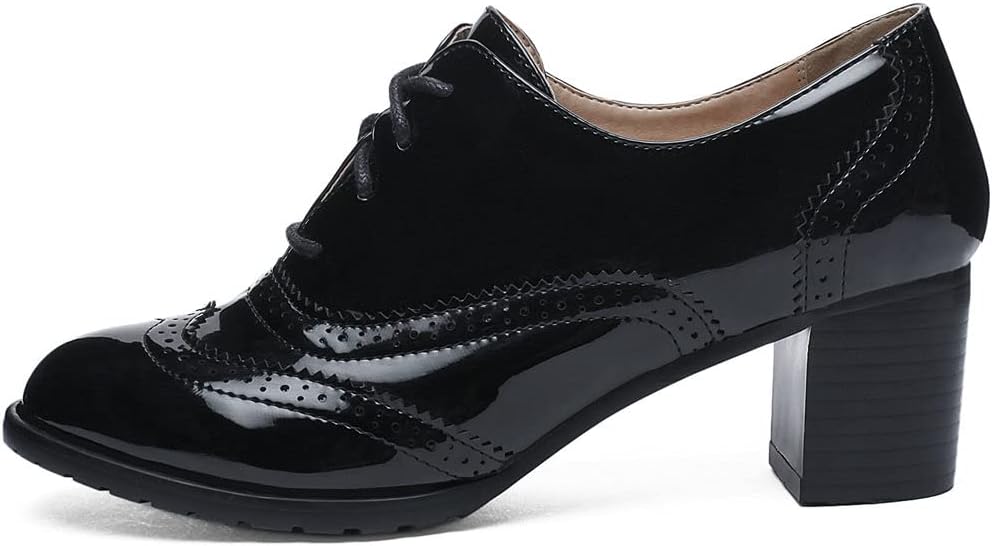 KOKOMOMO Womens Wingtip Heels Patent Leather Chunky Oxfords Vintage Lace Up Brogue Shoes